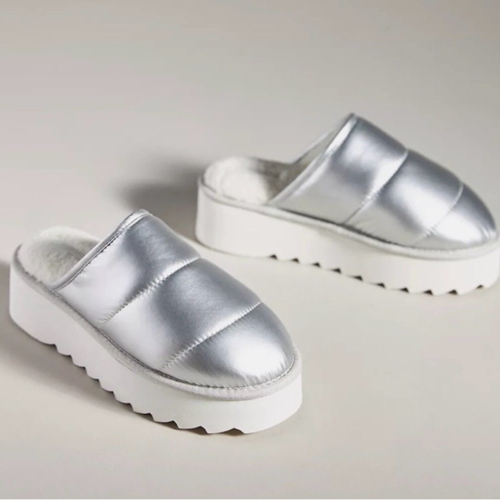 NWT Slippers! Anthropologie Maeve Puffy Silver Women's Slip-On Platform